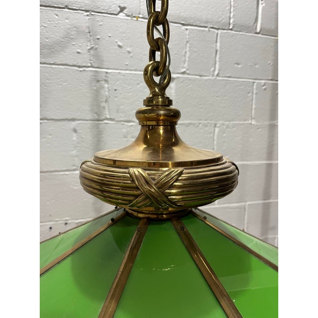 Metal Vintage Brass & Green Glass Octagonal Three-Light Pendant Chandelier For Sale - Image 7 of 12