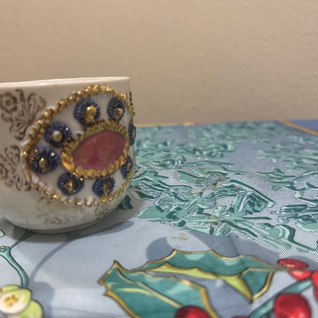 Antique German Lusterware Porcelain Cup Victorian Raised Gilt Floral Relief - Pink & Purple For Sale - Image 4 of 5