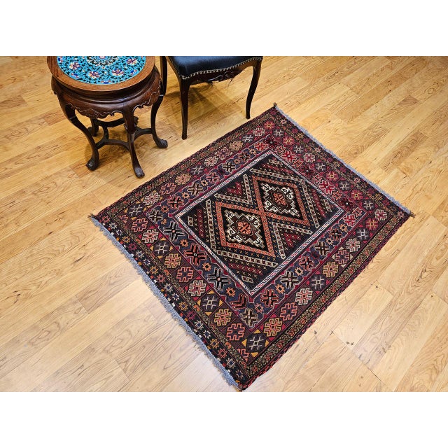 Textile Vintage Afghan Baluch Tribal Area Rug in a Near-Square Size in Red, Blue, Brown For Sale - Image 7 of 17