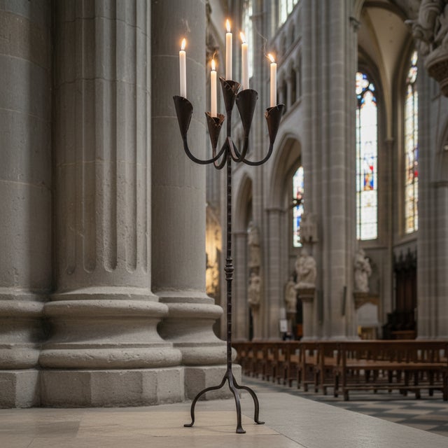 Hand Forged Iron Floor Candelabra 49″ (125cm) Antique Copper Patina 5-Arm Lily Cup Candle Holder Rustic Church Decor For Sale - Image 4 of 8