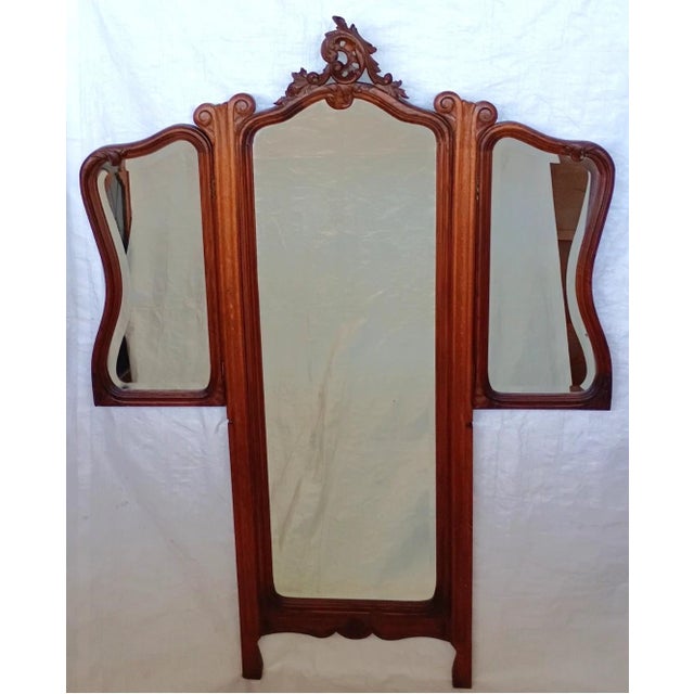 Antique French Tiger Oak Cheval Dressing Mirror Three Panel Beveled Glass 1900s For Sale - Image 13 of 13