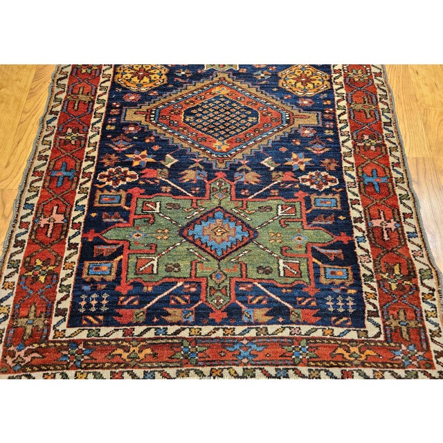 Vintage Heriz Serapi Runner Rug, Hand-Knotted Wool, Geometric Medallion Pattern, Navy, 3x12 For Sale - Image 9 of 16