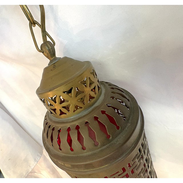 Metal 1900's Middle Eastern Hammered & Pierced Brass Swag Electrified Lanterns With Red Liner- A Pair For Sale - Image 7 of 18