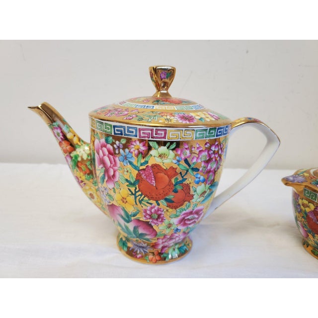 Chinoiserie Vintage Mid Century Chinese Millefleur Thousand Flowers Famille Rose Porcelain Tea Service - 28 Pieces For Sale - Image 3 of 10