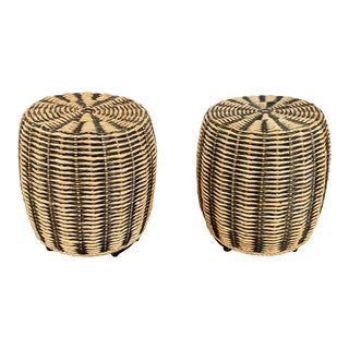 Vintage Woven Rattan Drum Stools, Pair For Sale