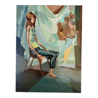 Vintage 1966 Mid-Century Modernist Portrait Painting - Abstract Seated Figure For Sale