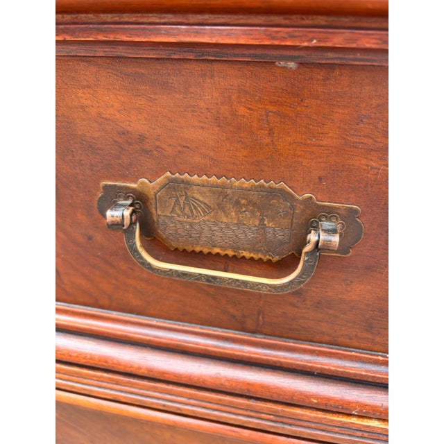 1900 - 1909 Antique American Black Walnut Burl Victorian Marble Top Dresser With Original Nautical Brass Hardware, Circa 1895–1905 For Sale - Image 5 of 12