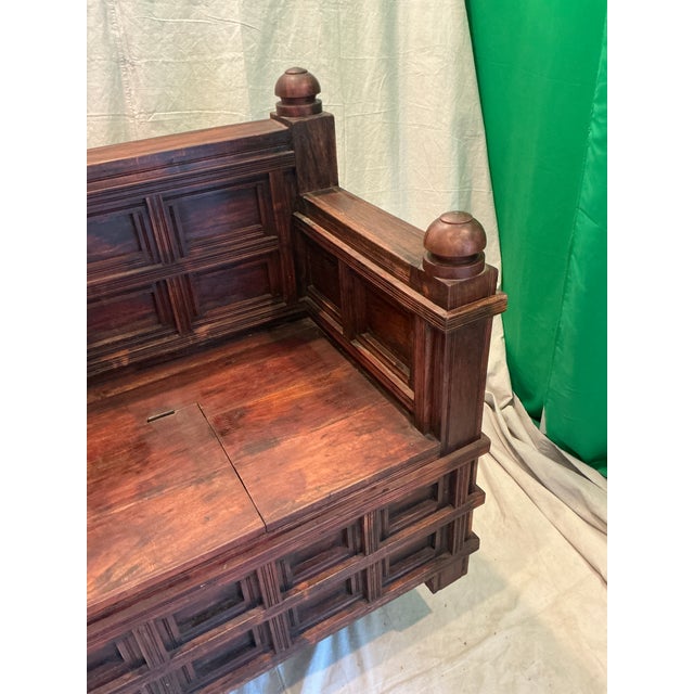 Antique Victorian Edwardian Revival Paneled Settle, Storage Settle, Monks Bench For Sale - Image 4 of 17