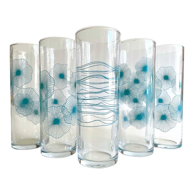 Vintage Mid Century Modernist Aqua Turquoise Blue Graphics Tall Tumbler