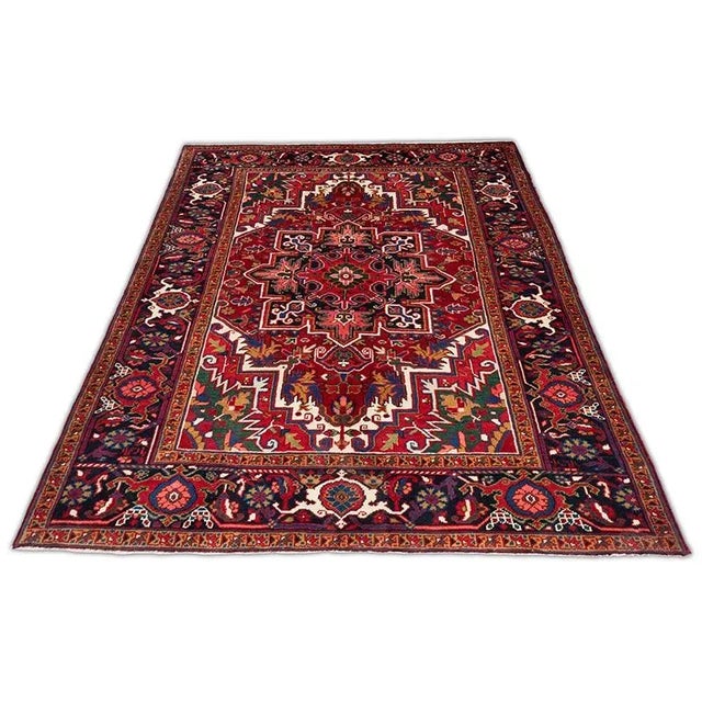 ACTUAL SIZE: 4’10” x 6’7″ PRIMARY COLOR: Red / Navy AGE: Old MATERIALS: Wool FOUNDATION: Cotton PRODUCTION: Handwoven,...