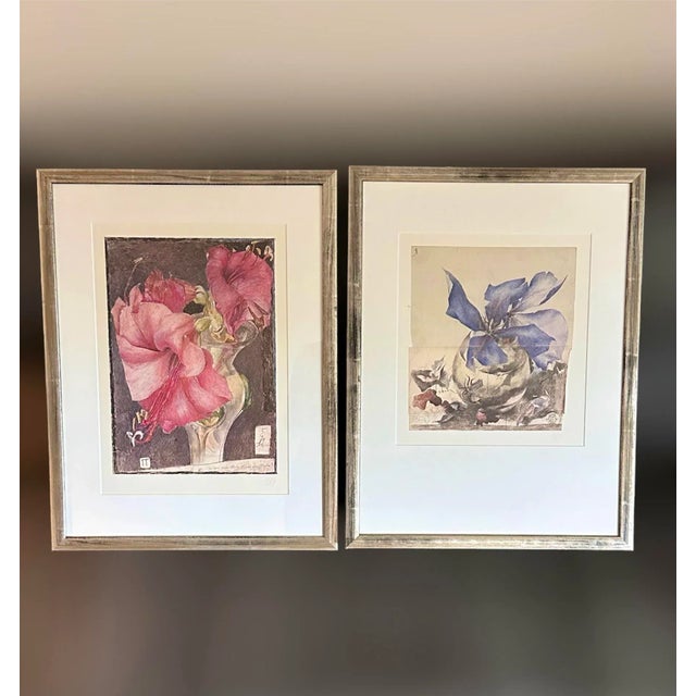 Printmaking Materials Framed Artwork Horst Janssen Lillies Floral Offset Lithograph Red Stamped Germany, Framed For Sale - Image 7 of 8