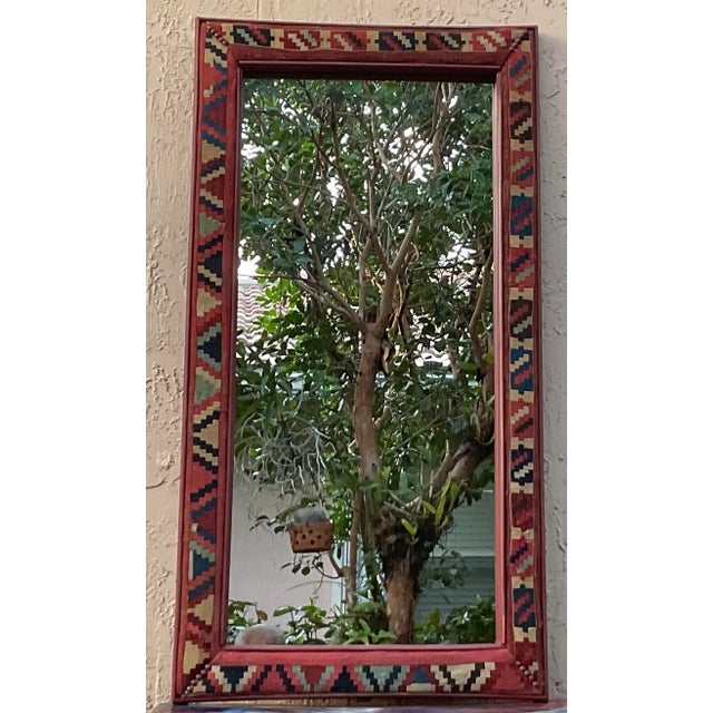 Wood Handcrafted Antique Kilim Rug Wall Mirror/ Bohemian Geometric , Woven , Rustic For Sale - Image 7 of 14