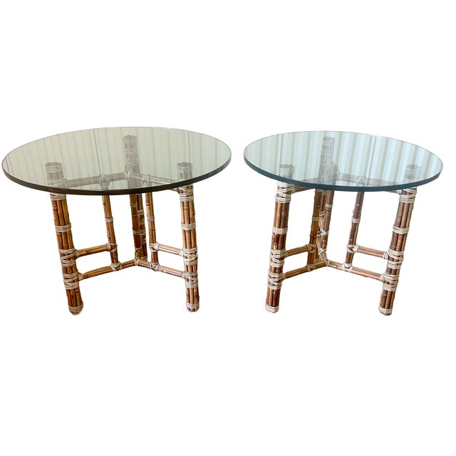 Tan 1970's Attributed McGuire Furniture Leather Wrapped Bamboo Accent Tables - A Pair For Sale - Image 8 of 12