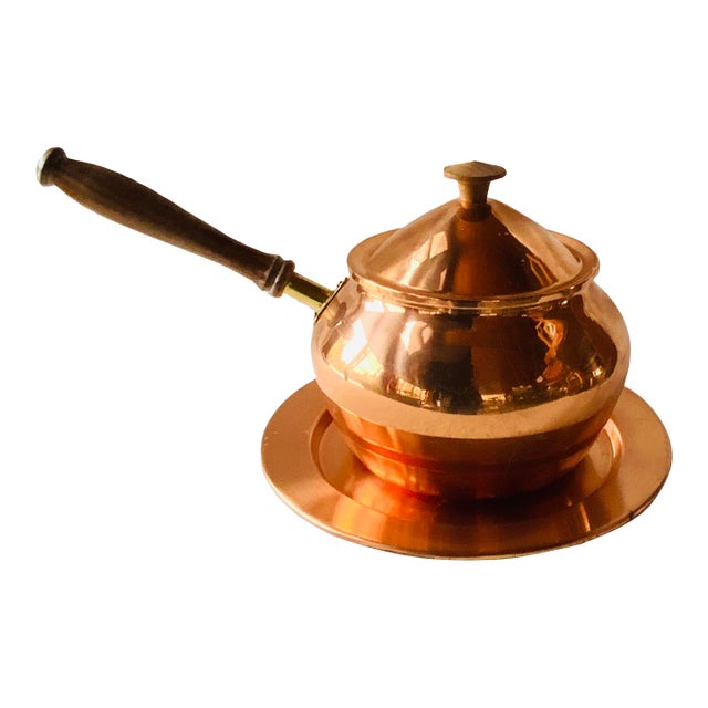 Vintage Tagus Portugal Copper Pot With Wood Handle, Domed Lid & Copper Trivet — Complete 3-Piece Set For Sale