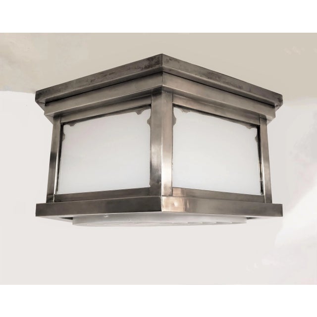 Mid-Century Industrial Flush Mount in Nickeled Brass With White Glass For Sale - Image 4 of 13