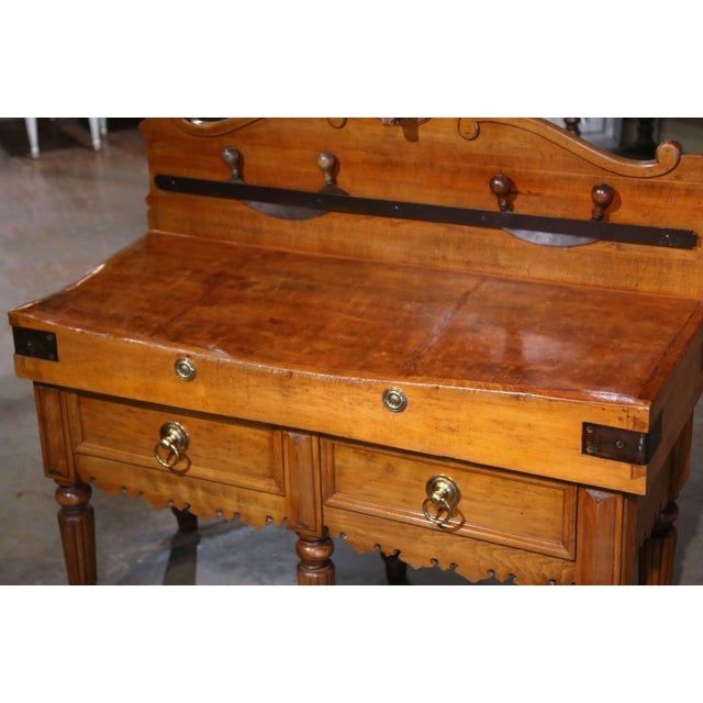 Tan 19th Century French Carved Butcher Block With Back, Cow Head and Chopping Knifes For Sale - Image 8 of 12