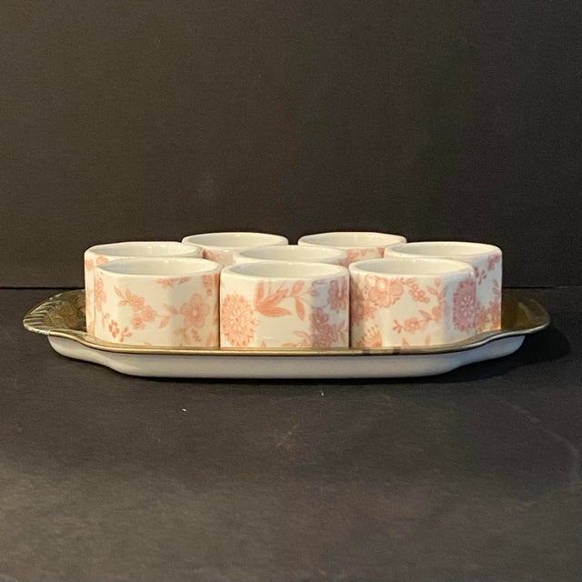Vintage Japanese Pink and White Ceramic Napkin Rings With English Tin Tray - Set of 9 For Sale In Chicago - Image 6 of 10