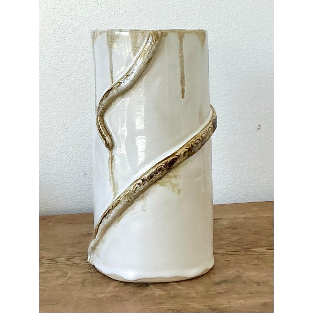 White Vintage Boho Original Studio Pottery Snake Vase For Sale - Image 8 of 11