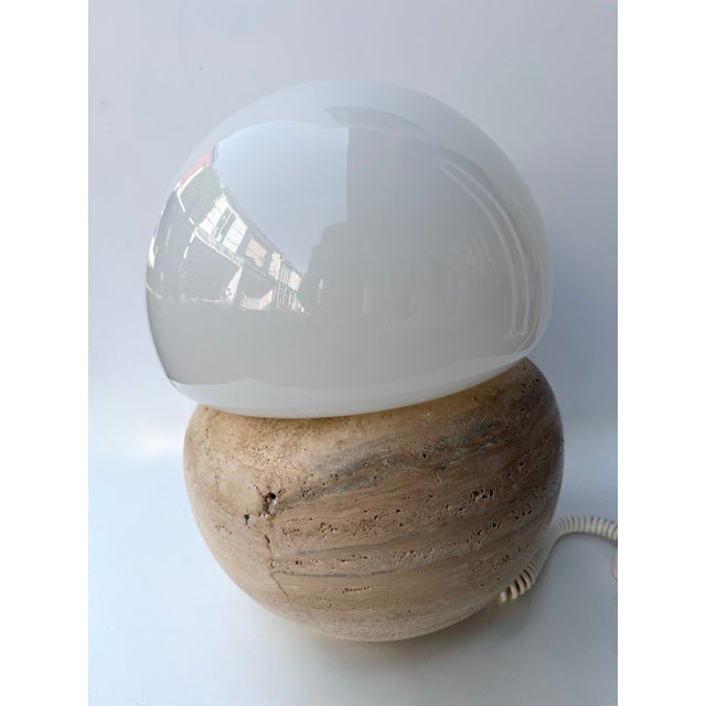 Pair of Travertine and Opaline Glass Culbuto Lamps Italy, 1980s For Sale - Image 6 of 14