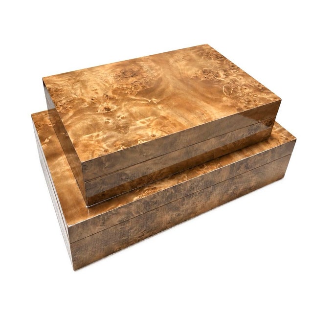 Contemporary Set of 2 - Large Honey Burlwood Glossy Veneer Decorative Boxes For Sale - Image 3 of 4