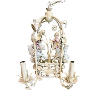 Italian Tole & Porcelain Birds Chandelier For Sale