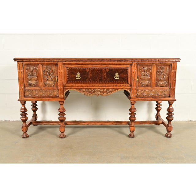 Early Romweber Antique English Jacobean Carved Oak and Burl Wood Sideboard, Circa 1900 For Sale - Image 18 of 18