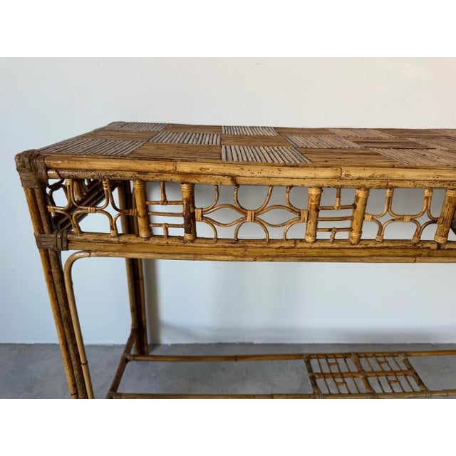 1970s Vintage Bamboo & Leather Chinese Chippendale Fretwork Console Table With Parquet Top/Sold For Sale - Image 5 of 12