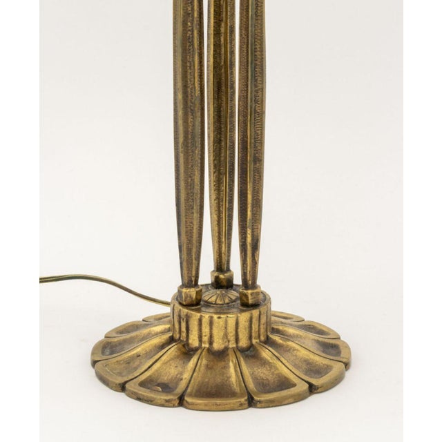 Art Deco Molded Frosted Glass Shade and Brass Base Table Lamp, the floral motif shade signed "Jehel", the base with three...