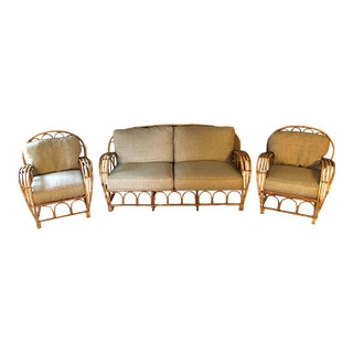 1980s Vintage Beverly Hills Rattan Living Room Sofa and Chairs Set- 3 Pieces For Sale