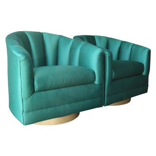 Emerald Green Chairs on Brass Swivel Bases - Pair For Sale