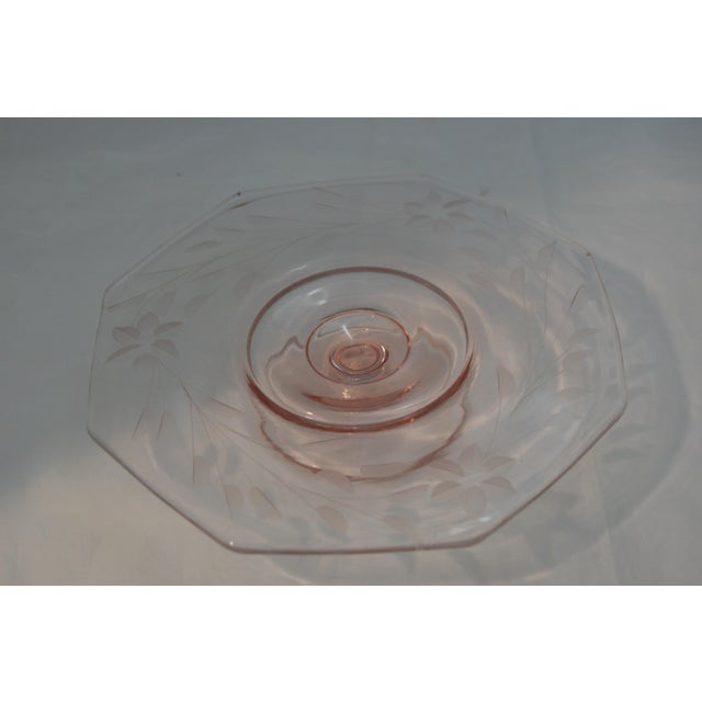 Vintage Pink Depression Glass Octagonal Floral Etched Cake Stand For Sale - Image 4 of 7