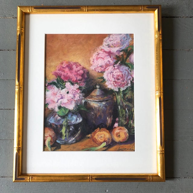 1960s Vintage Original Tabletop Still Life Pastel Drawing Pink Roses With Faux Bamboo Frame For Sale - Image 5 of 5