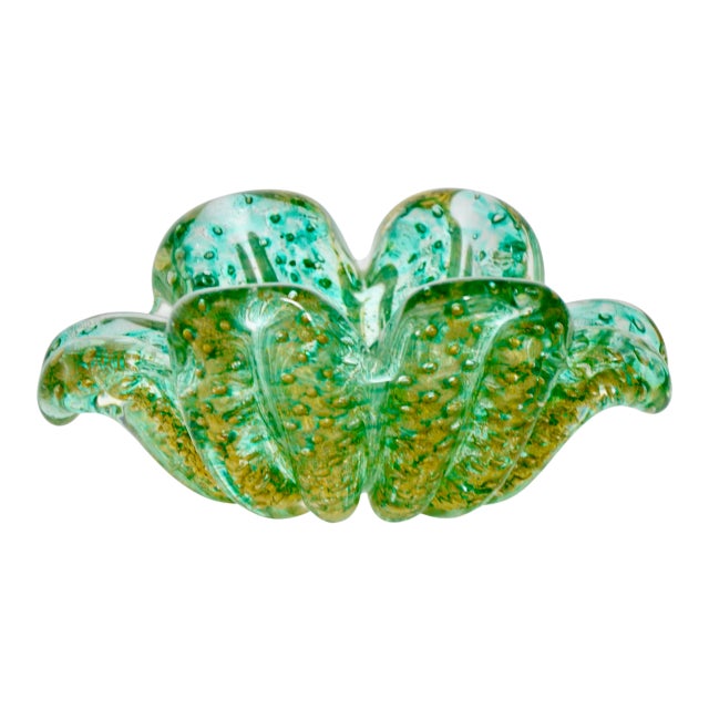 Stunning midcentury Murano blown art glass bowl with copious amounts of real gold Aventurine alternating bullicante...