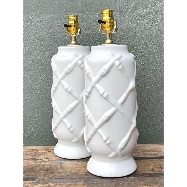 Vintage Bamboo Trellis Glazed Ceramic Lamps For Sale - Image 4 of 12