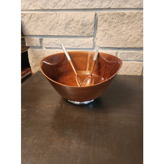 Wood 1960s Mid Century Modern Mahogany and Sterling Silver Bowl and Utensils For Sale - Image 7 of 7