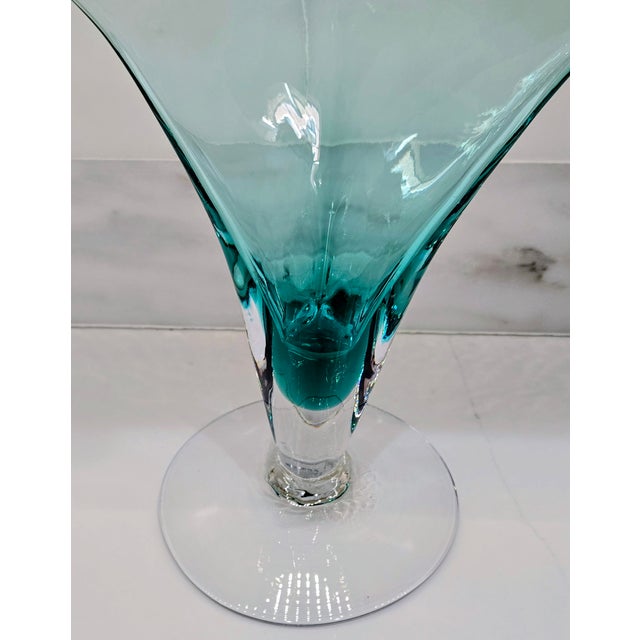 Glass Blenko Turquoise Ruffled Pedestal Vase With Block B Label For Sale - Image 7 of 8