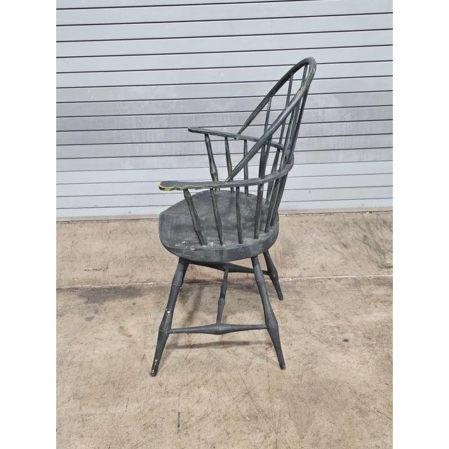 American Green Sack Back Windsor Arm Chair Distressed Finish Bench Made For Sale - Image 3 of 8