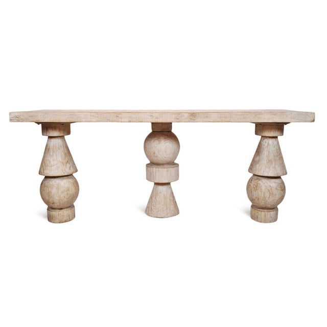 Reclaimed solid pine wood console table with white wash worn sealed clean finish. Three solid carved shape stack pedestal...