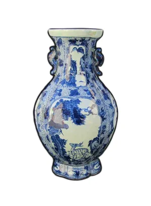 Chinese Blue & White Deer & Pine Mountain Scenery Two Ears Porcelain Vase