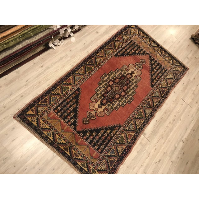 Red Floral Handknotted Turkish Wool Rug- 3′8″ × 7′ For Sale - Image 8 of 11