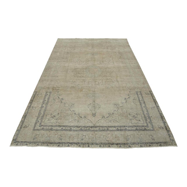 Tabriz Rug 9’4” X 12’5” Beige Wool Vintage Distressed Hand-Knotted Carpet For Sale