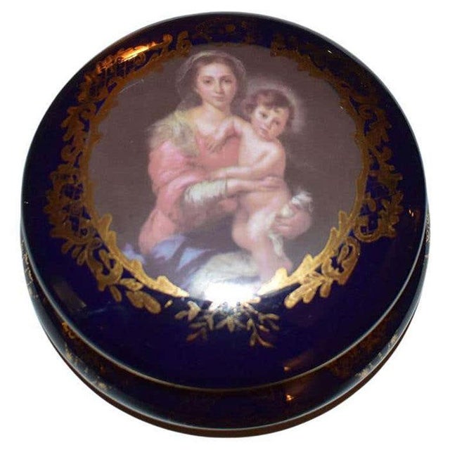Limoges, France Round Cobalt Blue Madonna and Child Hinged Trinket Box Limoges China For Sale - Image 4 of 9