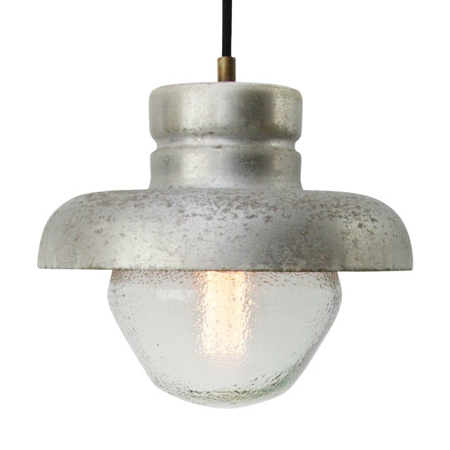Vintage Industrial Grey Metal &andFrosted Glass Pendant Lamp For Sale