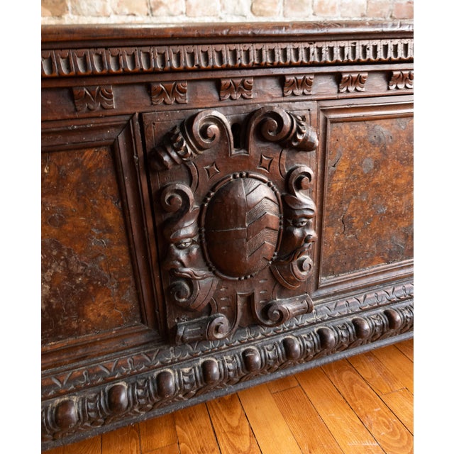 Brown 17th Century Italian Baroque Walnut Cassone Chest With Crest and Burl Panels For Sale - Image 8 of 18
