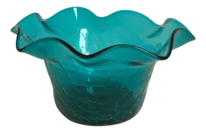Vintage Blenko Blue Crackle Glass Ruffled Bowl