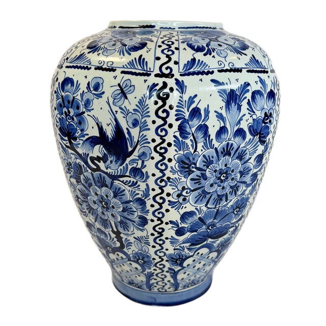 Blue 1970s Large Hand-Painted Delft Blue & White Vase With Bird Motif For Sale - Image 8 of 11