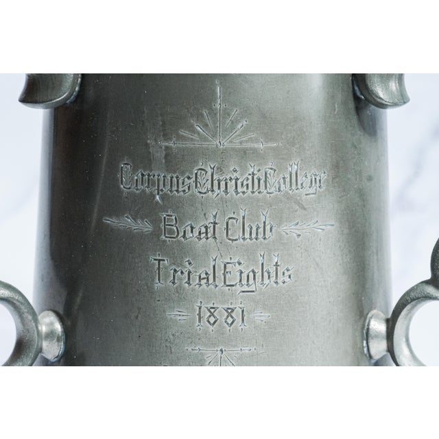 Fantastic Triple Handle Antique Trophy Tankard Pewter Cup Victorian University Rowing Crew Sports Home Decor For Sale - Image 4 of 13