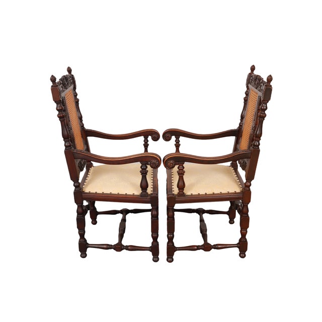 English Jacobean Cane Back Armchairs - A Pair For Sale - Image 3 of 12