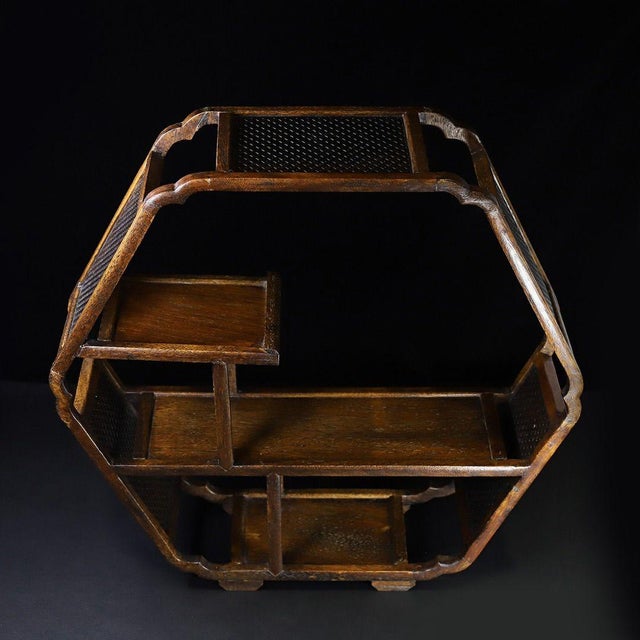 Brown Vintage Chinese Huali Rosewood Reticulated Hexagonal "Curio" Display Stand (Bogujia) For Sale - Image 8 of 8