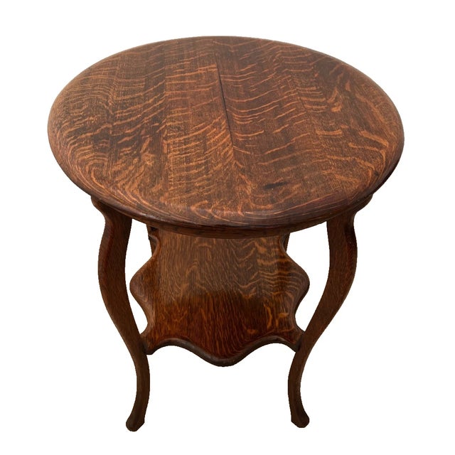 Antique Round Table With Square Bottom Plant Book Shelf, Quarter Sawed Tiger Oak For Sale - Image 4 of 11